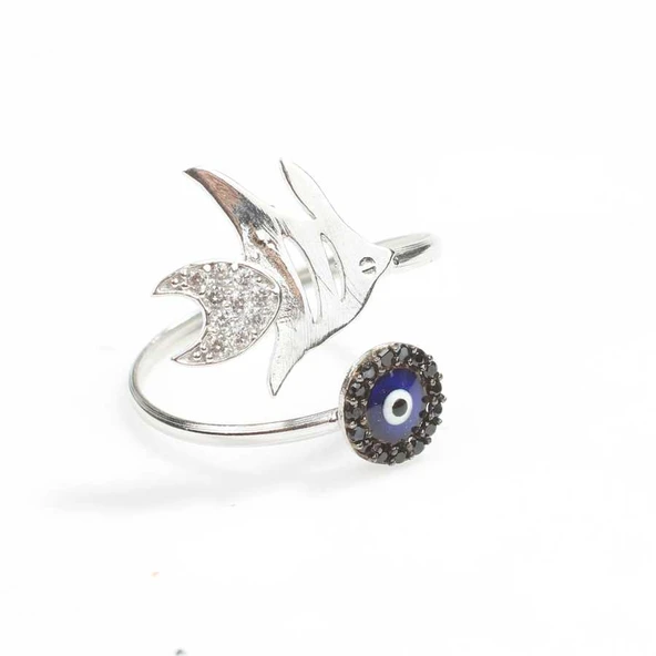 925 Ayar Gümüş Siyah Taşlı Nazar Boncuklu Yüzük - Resim 3