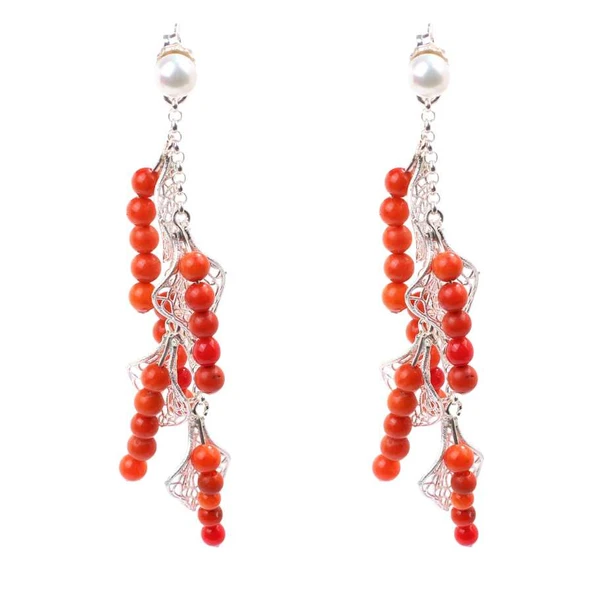 925 Ayar Gümüş Yapraklı Mercan Taşlı Küpe - Resim 2