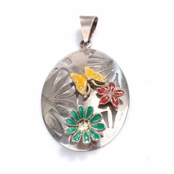 925 Ayar Gümüş Mineli Oval Ajurlu Kelebek ve Çiçekli Kolye Ucu ürün görseli