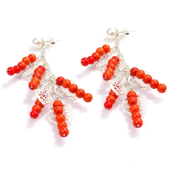 925 Ayar Gümüş Yapraklı Mercan Taşlı Küpe - Resim 3