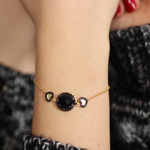 925 Ayar Gümüş Oniks Taşlı Kalp Model Bileklik ürün görseli 1