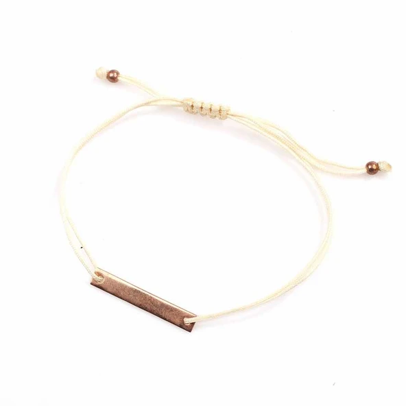 925 Ayar Gümüş Krem İpli Plaka Bileklik - Resim 2