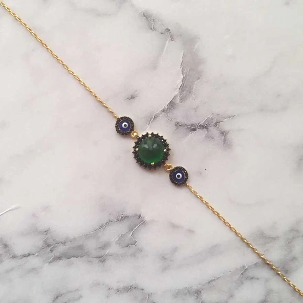 925 Ayar Gümüş Yeşil Taşlı & Mineli Nazar Boncuklu Bileklik ürün görseli 1