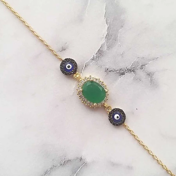 925 Ayar Gümüş Peridot Taşlı & Mineli Nazar Boncuklu Bileklik ürün görseli 1