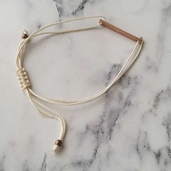 925 Ayar Gümüş Krem İpli Plaka Bileklik - Resim 3