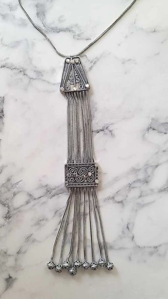 925 Ayar Gümüş Geometrik Şekilli Uzun Kolye - Resim 3