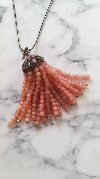 925 Ayar Gümüş Rodelite Taşlı Uzun Püskül Kolye - Resim 4