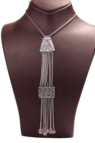 925 Ayar Gümüş Geometrik Şekilli Uzun Kolye - Resim 2