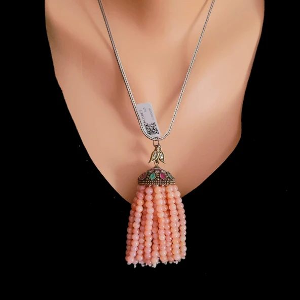 925 Ayar Gümüş Rodelite Taşlı Uzun Püskül Kolye ürün görseli