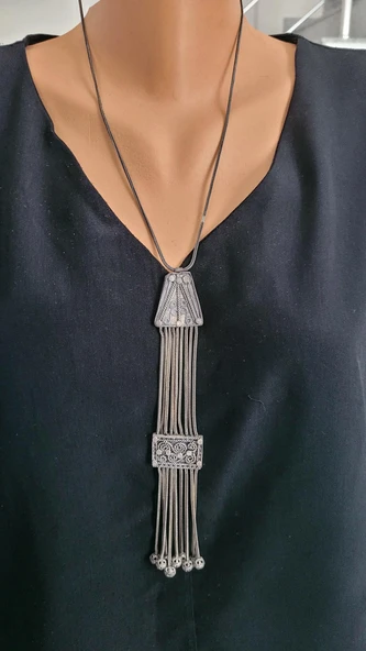 925 Ayar Gümüş Geometrik Şekilli Uzun Kolye ürün görseli