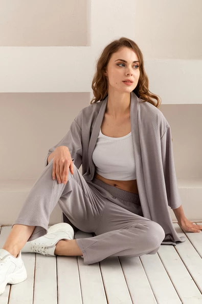 Kadın Kimono Takım - Geniş Paça Keten Dokulu Alt Üst Yazlık Kadın Takım - 5