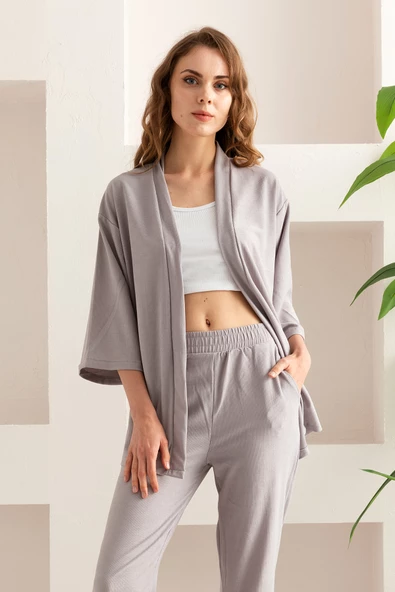 Kadın Kimono Takım - Geniş Paça Keten Dokulu Alt Üst Yazlık Kadın Takım - 9
