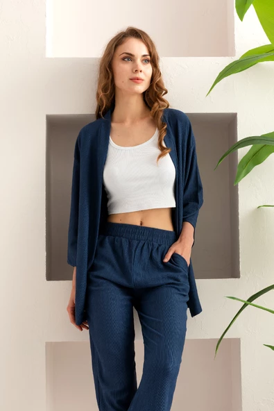 Kadın Kimono Takım - Geniş Paça Keten Dokulu Alt Üst Yazlık Kadın Takım - 12