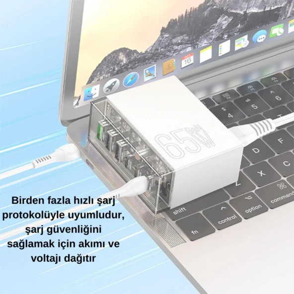Coofbe Super Şarj İstasyonu 1.2Mt 3 Type-C +3 USB-A Girişli 65W Şarj Başlık Samsung İphone Şarj Başlık - 2