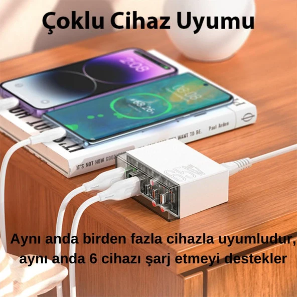 Coofbe Super Şarj İstasyonu 1.2Mt 3 Type-C +3 USB-A Girişli 65W Şarj Başlık Samsung İphone Şarj Başlık - 3