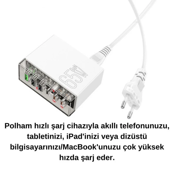 Coofbe Super Şarj İstasyonu 1.2Mt 3 Type-C +3 USB-A Girişli 65W Şarj Başlık Samsung İphone Şarj Başlık - 4