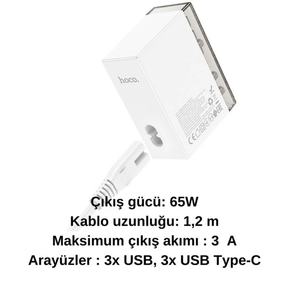 Coofbe Super Şarj İstasyonu 1.2Mt 3 Type-C +3 USB-A Girişli 65W Şarj Başlık Samsung İphone Şarj Başlık - 5