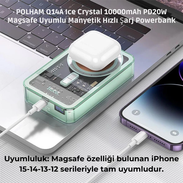 Polham HC 20W 10000Mah Magsafeli Kablosuz Powerbank, Iphone 12,13,14,15 Serisi ile Uyumlu Powerbank - 8