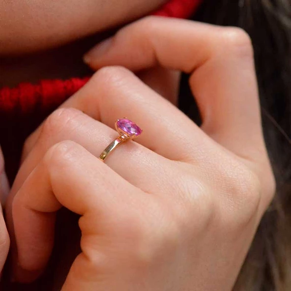 14 Ayar Altın Pembe Taşlı Yüzük - Resim 2