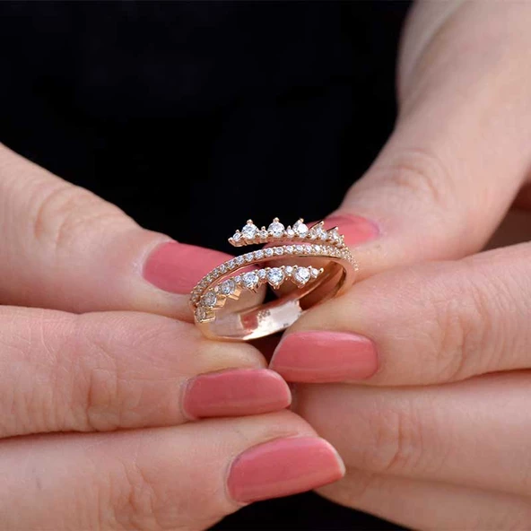 14 Ayar Altın Üç Sıra Taşlı Yüzük - Resim 2