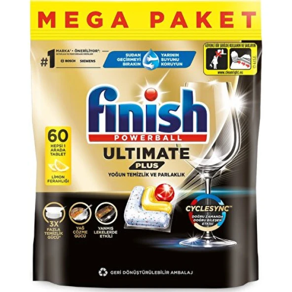 Finish Ultimate Plus Hepsi Bir Arada Limon Ferahlığı 60 Kapsül Bulaşık Makinesi Deterjanı Tableti