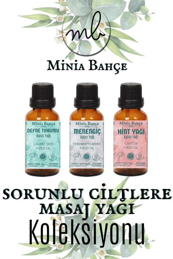 Defne Sabit Yağı, Menengiç Sabit Yağı, Hint Sabit Yağı, 20'şer Ml. 3 Adet, %100 Saf