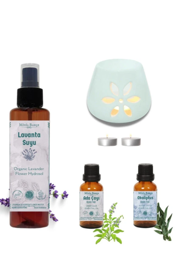 Lavanta Suyu(150ml), Adaçayı Yağı (10ml), Okaliptus Yağı (10ml) ,buhurdanlık, Tealight Mum (2 Adet)