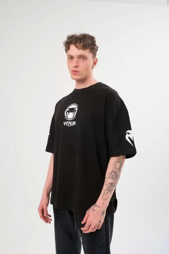 Unisex Bisiklet Yaka Baskılı Oversize T-Shirt - Siyah - Resim 2