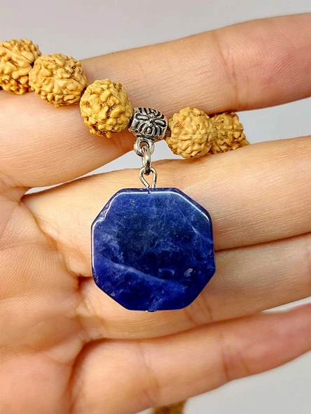 Sodalit Taşlı Rudraksha Tohum Kolye Dolama Bileklik 8mm (49728) - Resim 5