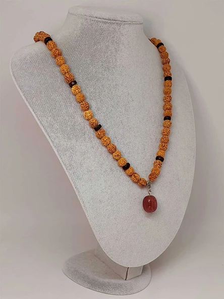 Çilek Kuvars Taşlı Rudraksha Tohum Kolye Dolama Bileklik 8mm (49724) - 2