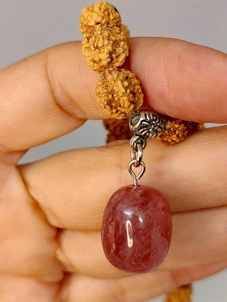 Çilek Kuvars Taşlı Rudraksha Tohum Kolye Dolama Bileklik 8mm (49724) - 5