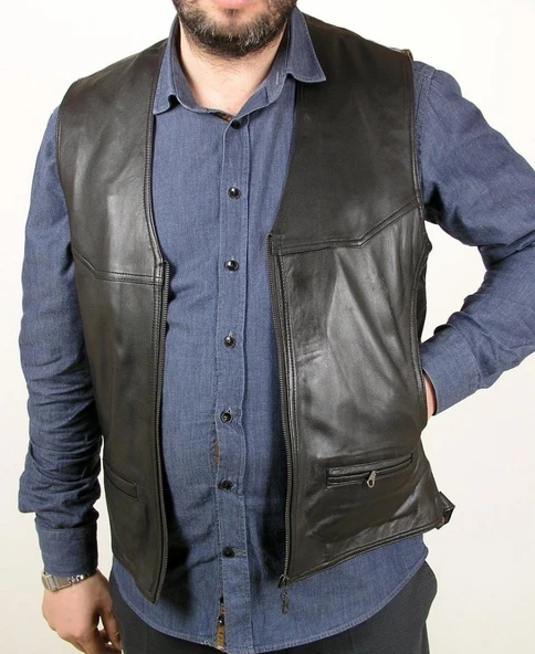 Önü Fermuarlı Klasik Kesim Deri Yelek - 4