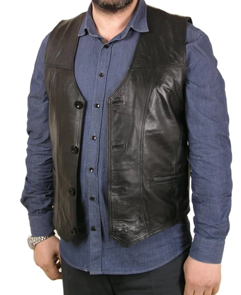 Spor Kesim Siyah Deri Yelek - 10