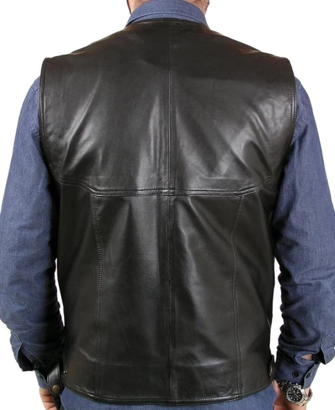 Önü Fermuarlı Klasik Kesim Deri Yelek - 12