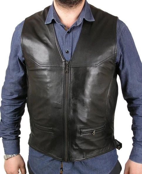 Önü Fermuarlı Klasik Kesim Deri Yelek - 5