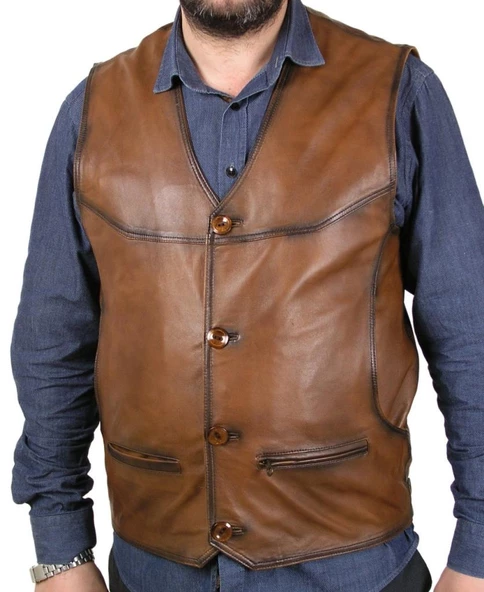 Taba Üzerine Siyah Çizgi Çekilmiş Deri Yelek - 2