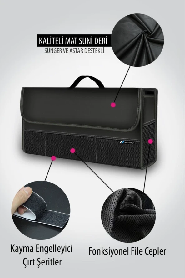 NiCe Shop Premium Lüks Deri Bagaj Organizer Çanta Siyah Kenarlı - Kaydırmaz Zeminli - Bagaj Organizer - Resim 3