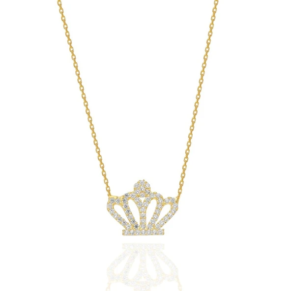 Altın Renk Kraliçe Kolyesi Taşlı Bayan Kolye - 5