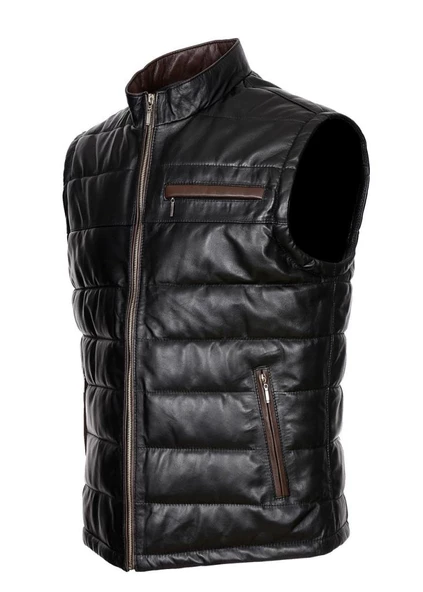 Hakim Yaka Deri Yelek Yandan Fermuarlı cepli - 12