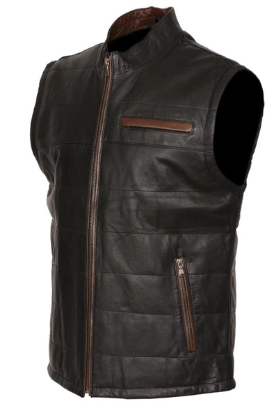 Hakim Yaka Deri Yelek Yandan Fermuarlı cepli - 2