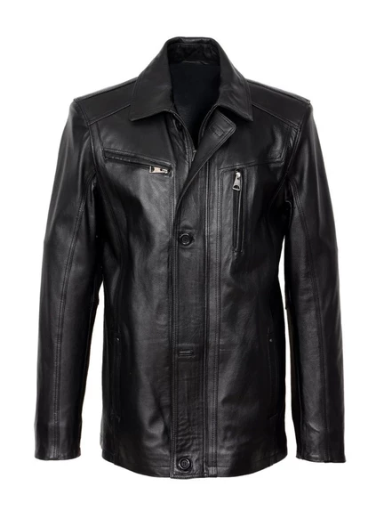 Klasik Model İç Cepli Siyah Renk Erkek Deri Mont - Resim 12