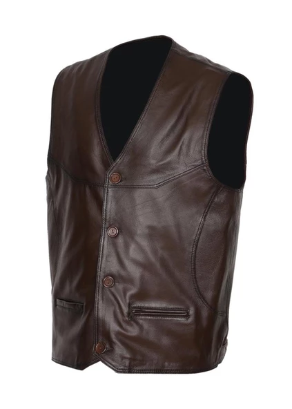 Fındık Rengi Klasik ve Spor Erkek Deri Yelek - 8