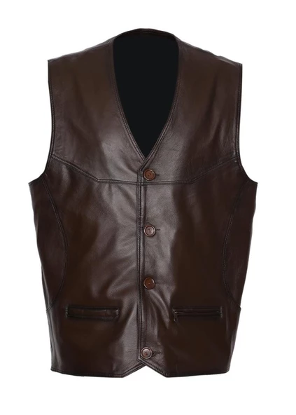 Fındık Rengi Klasik ve Spor Erkek Deri Yelek