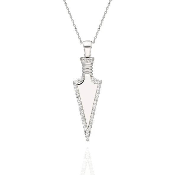 Mızrak Başlı İnci Taşlı Bayan Gümüş Kolye - 6