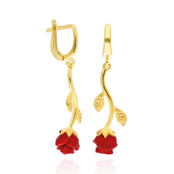 Kırmızı Gül Bayan Altın Küpe - 5