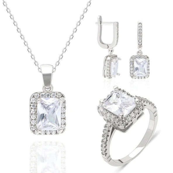 Pırlanta Kesim Zirkon Gümüş Bayan Takı Seti - 8