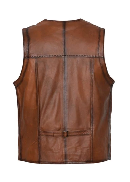 Taba Renk Punto Dikiş Detaylı Spor Deri Yelek - 11