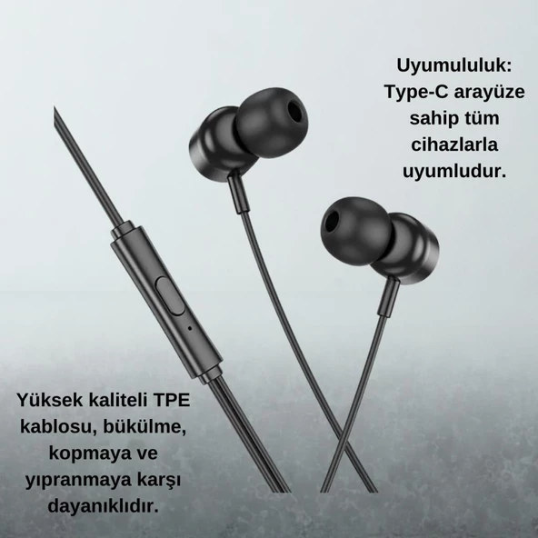 Polham HC Type C Kablolu Mikrofonlu Kulaklık, HİFİ Ses, HD Mikrofonlu Type C Kulaklık, Silikon Uçlu Kulakiçi Kulaklık - 8