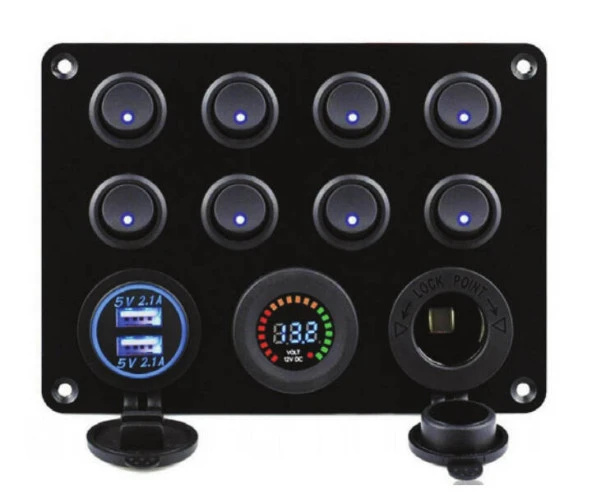 Işıklı Switch Panel, 8 Anahtarlı, Voltmetre ve USB Şarjlı