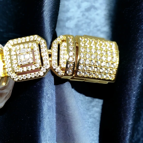 Gold Altın Görünümlü Taşlı İnce İşçilik Çelik Kadın Bilekliği 18cm - 4
